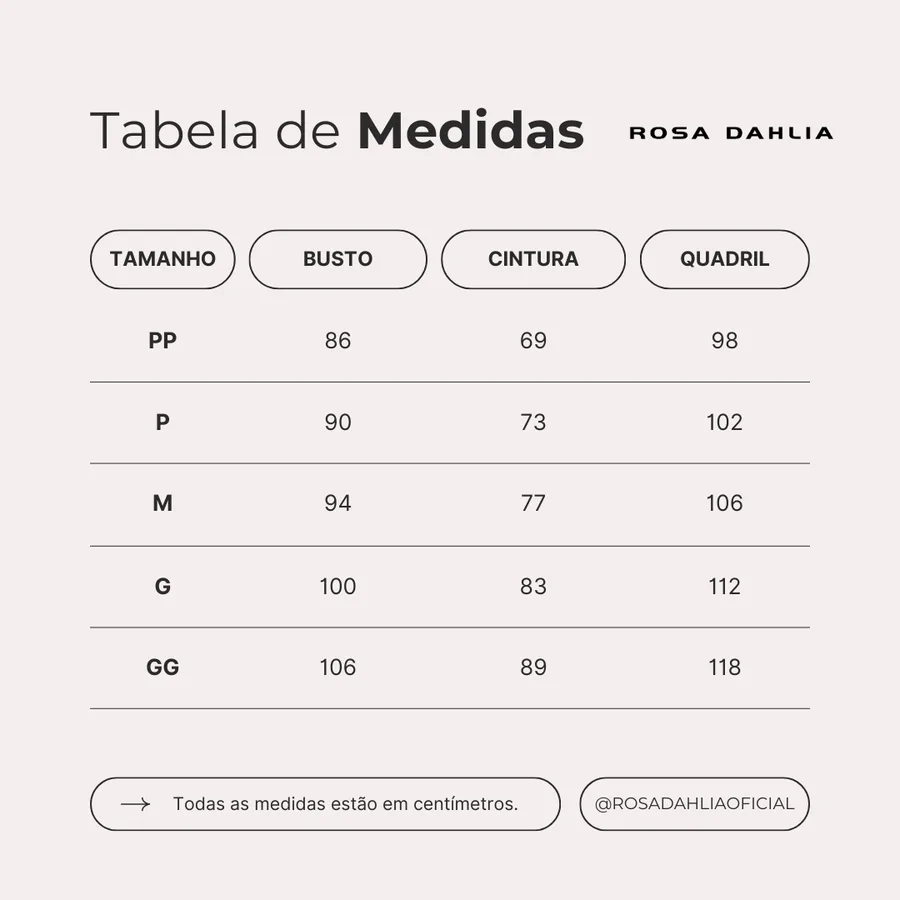 Tabela de medidas em centímetros: busto, cintura e quadril por tamanho